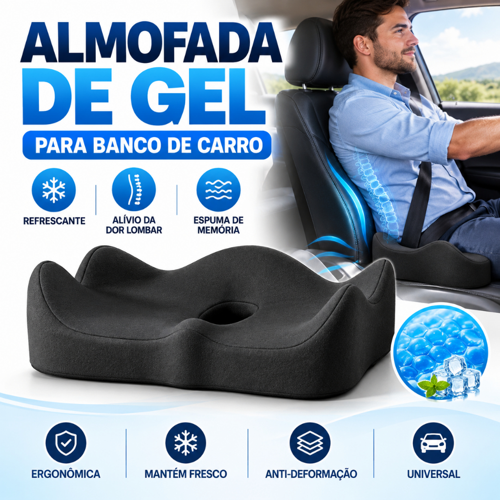 Almofada de Gel para Banco de Carro Ortopédica Resfriante Alivia Dor Lombar Espuma de Memória Universal para Veículos