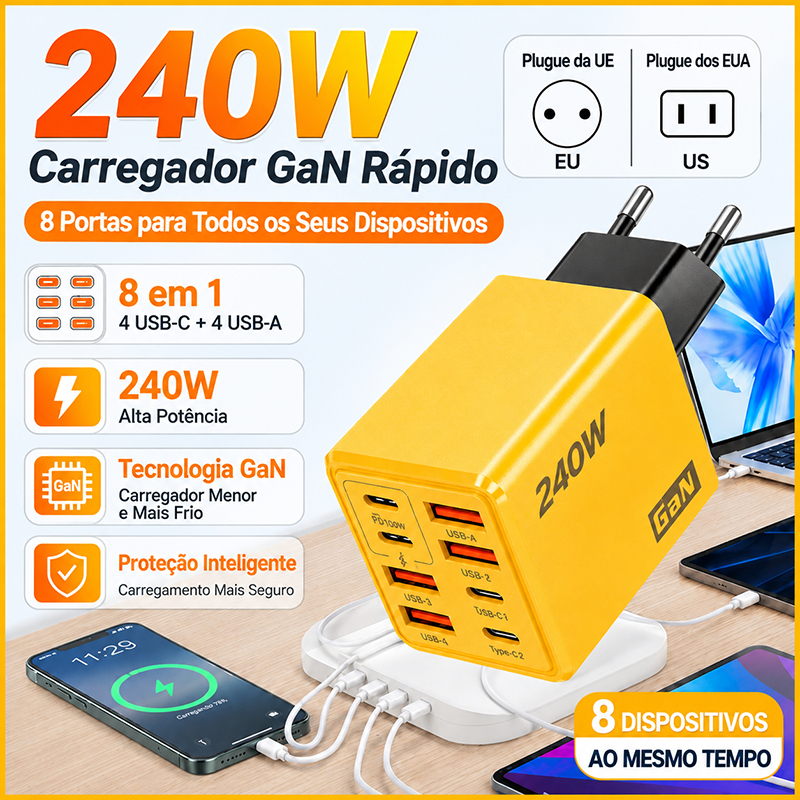 240W 8-Em-1 USB C GaN Carregador De Mesa Adaptador De Telefone De Carga Rápida Cabo Tipo Com Parede Plugue Ue/Eua