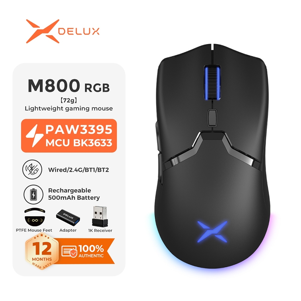 Delux M800 RGB PAW3395 26000DPI Bluetooth Recarregável Programável Sem fio Mouse para Jogos Com Ratos Ergonômico Branco