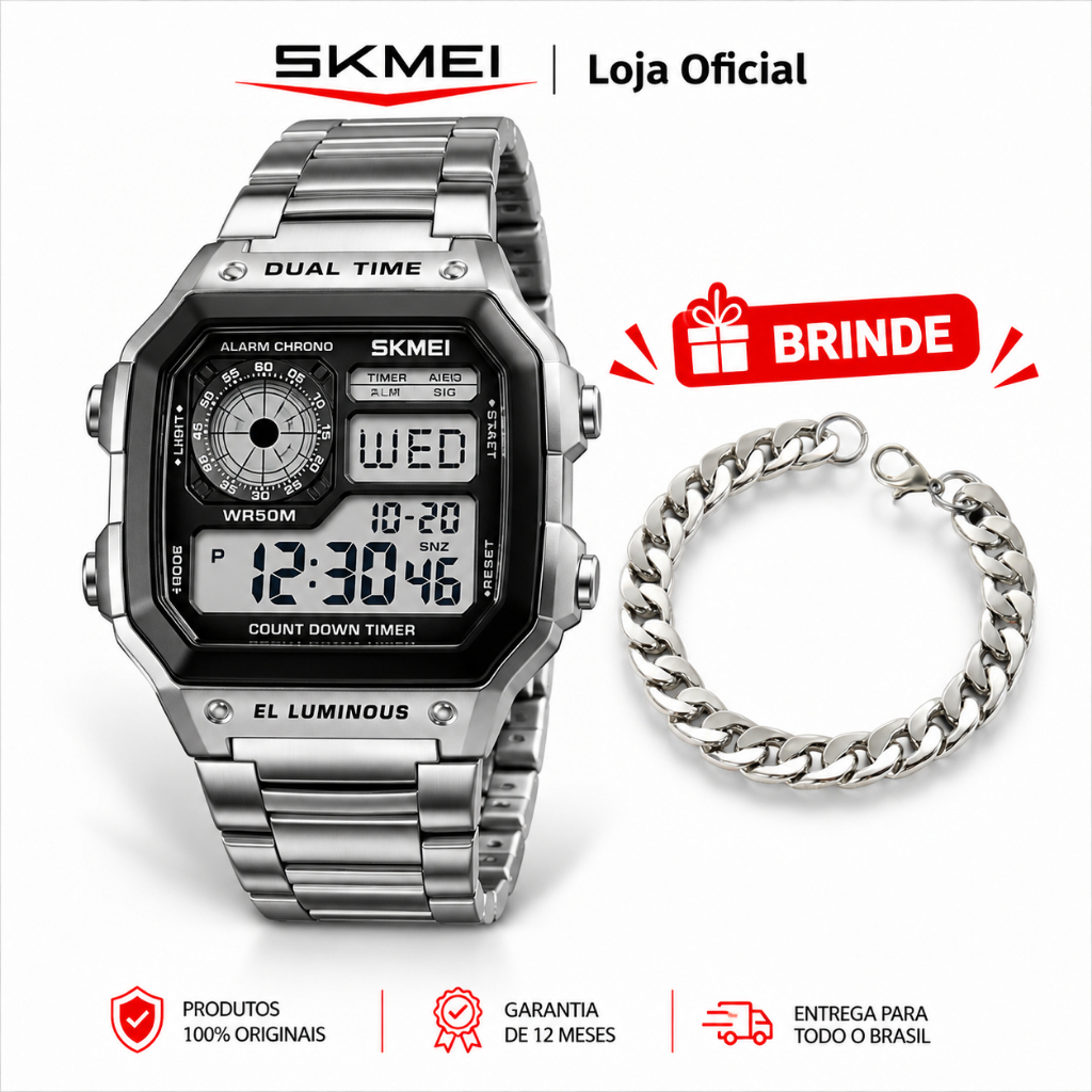 SKMEI 1335 Relógio Masculino Digital Esportivo Pulseira Aço Inoxidável 50M Cronômetro Alarme Contagem Regressiva
