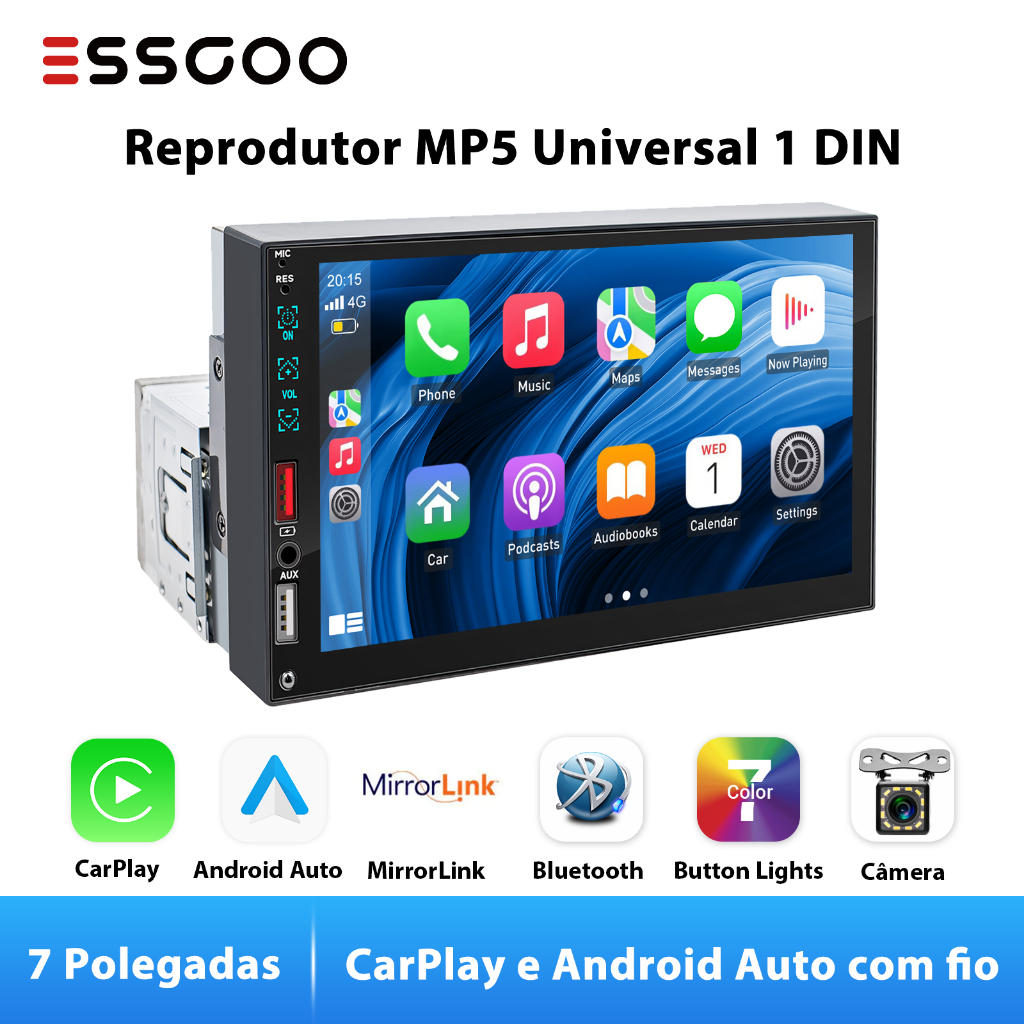 ESSGOO AS7001 Único/1 Din 7 " Tela De Toque Carro MP5 Player Com Fio CarPlay Android Auto Colorido Botão Luzes BT AUX FM