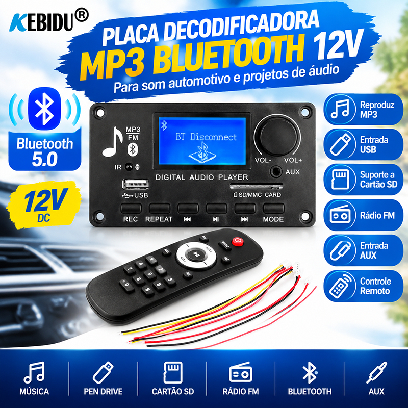 Placa Decodificadora DC 12V MP3 Player , Bluetooth 5.0 , Tela LCD WMA WAV TF USB FM Com Função De Gravação