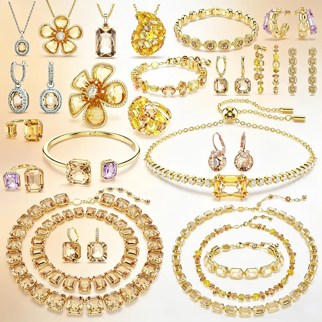 Champanhe Retângulo CZ Conjunto De Jóias Feminino Floral Pingente Colar Balançar Brincos Pulseira Tênis Presente Casamen