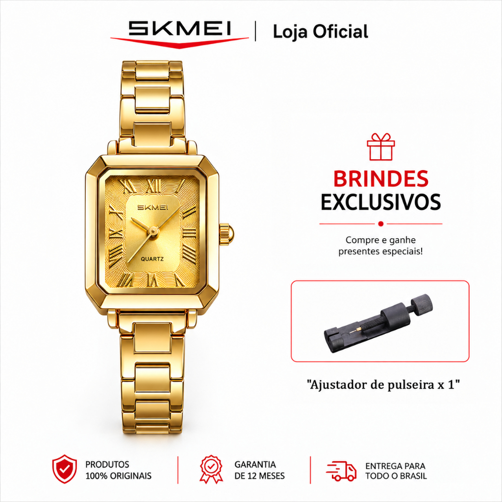 SKMEI 2582 Relógio Feminino Quadrado Analógico Quartzo 30M Pulseira de Aço Inoxidável Elegante