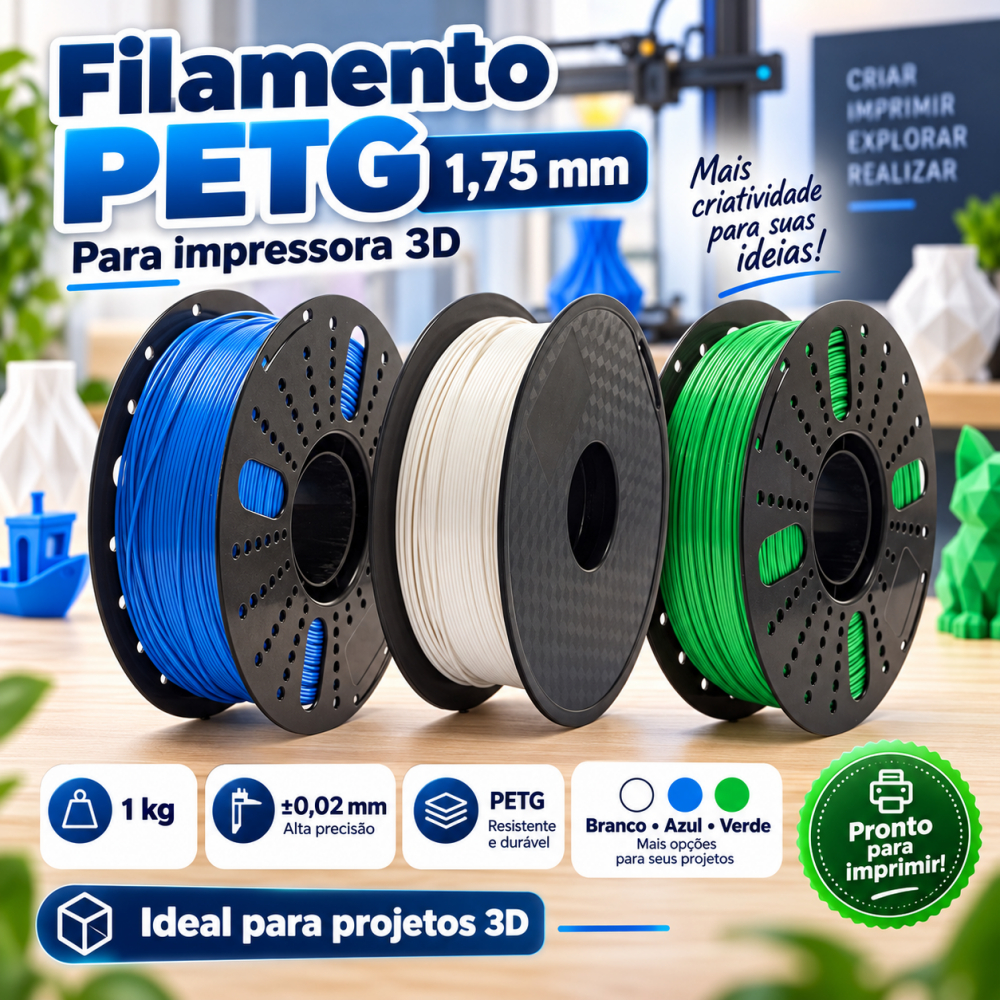 Filamento 3D PETG 1kg 1,75mm para Impressora 3D, Tolerância ±0,02mm, Rolo Branco Azul Verde