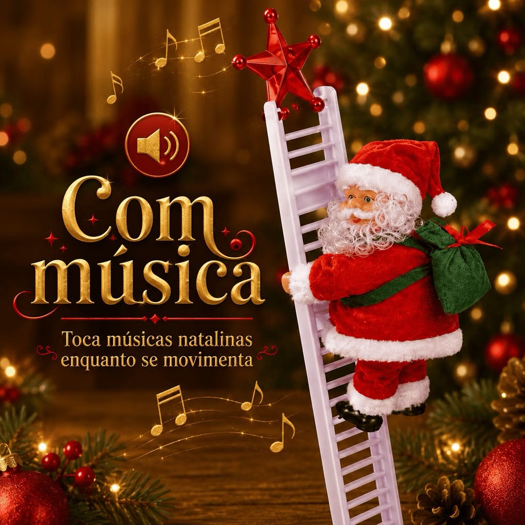 Boneco Papai Noel Musical Enfeite De Natal Sobe E Desce Escada Árvore Decoração Natalina