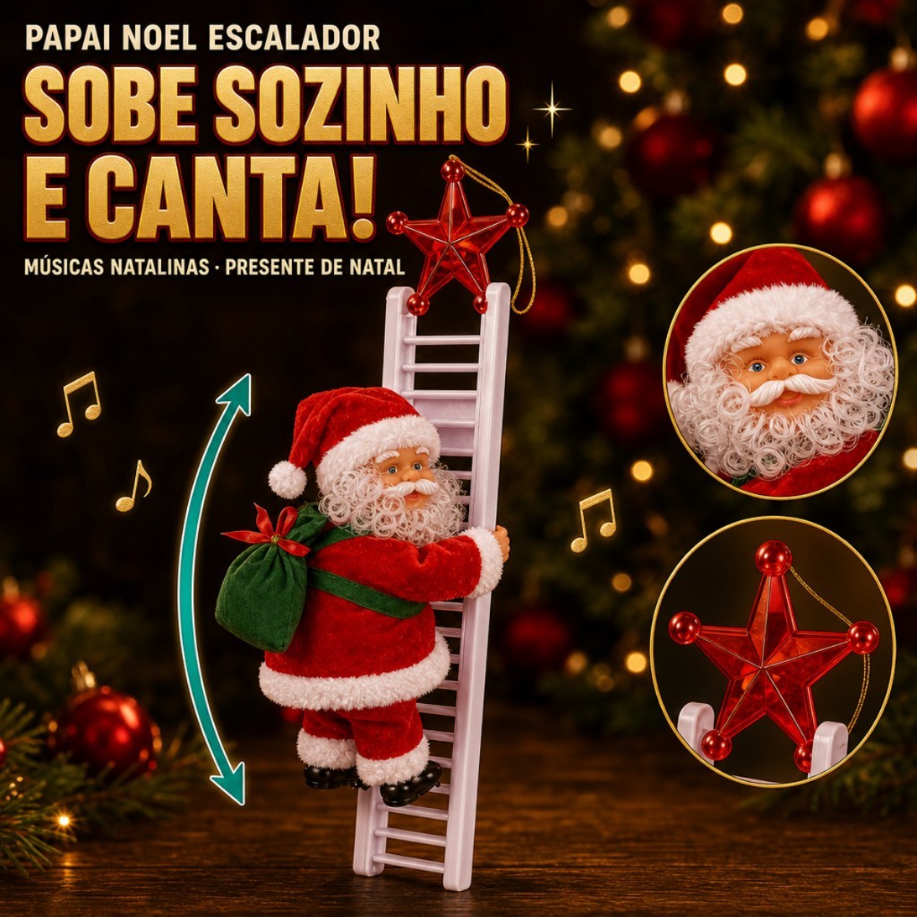 Papai Noel Musical na Escada Sobe E Desce Boneco Enfeite De Natal Árvore Decoração Natalina
