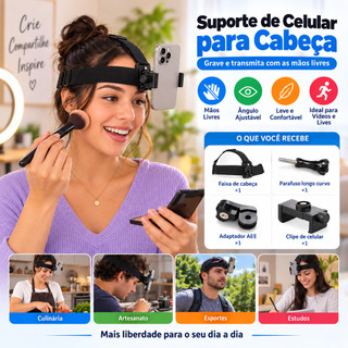 [U & K] Braet Montado Na Cabeça Ajustável Para Transmissão Ao Vivo Suporte Celular Perspe…
