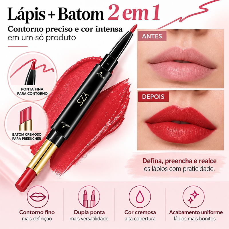 Lápis Labial Dupla Ponta Matte – Batom e Contorno de Lábios à Prova d’Água Longa Duração Maquiagem