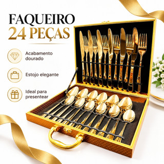 Jogo Talheres 24 Peças Aço Inox Premium Luxo cozinha Com Maleta