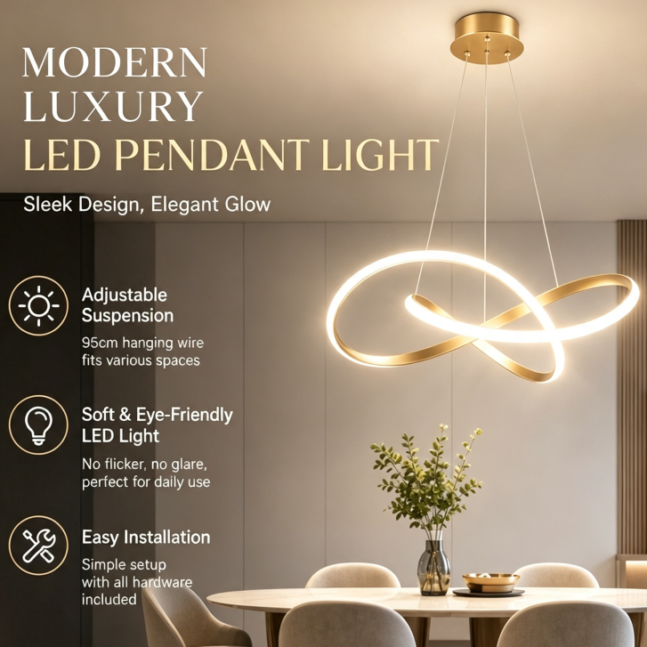 Luminária Pendente LED Formato Infinito Suspensão Ajustável Luz Tricolor Bivolt para Sala de Jantar e Sala de Estar