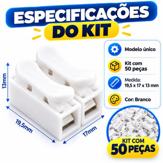 Kit 50 Pegas Conector de Pressão CH-2 2 Vias 2 em 2 Saída para Fios 0.5-2.5mm² Emenda Rápida sem