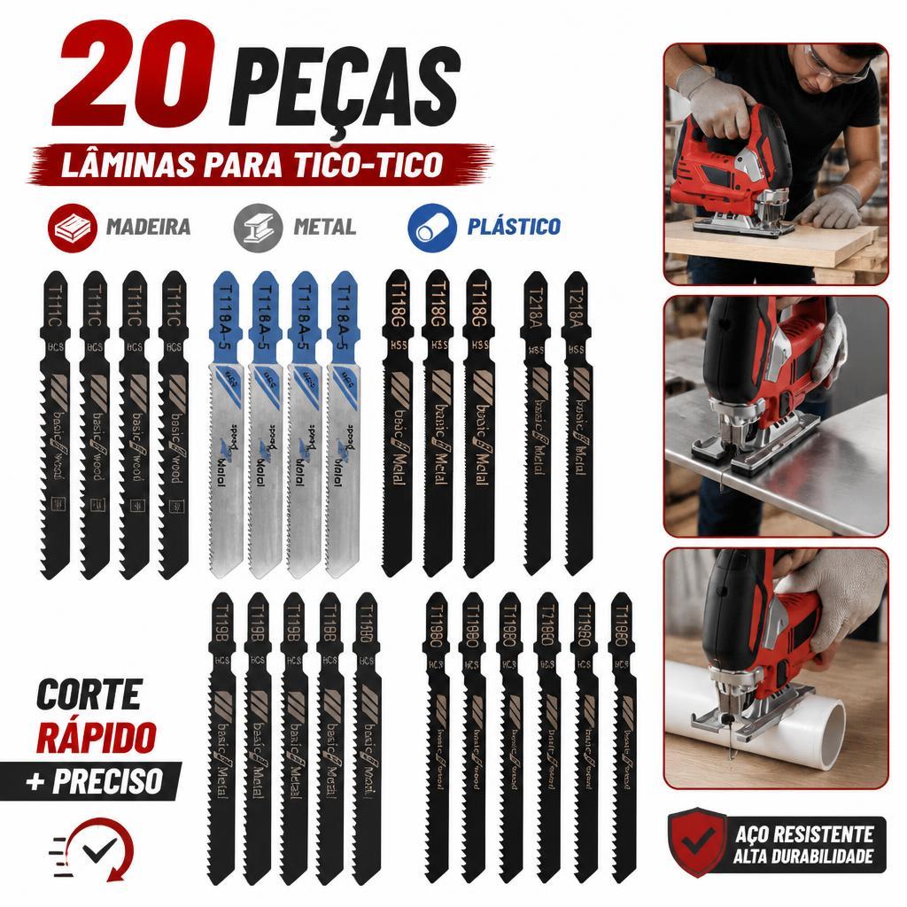 20 peças Conjunto universal de lâminas de serra tico-tico para madeira, plástico e metal