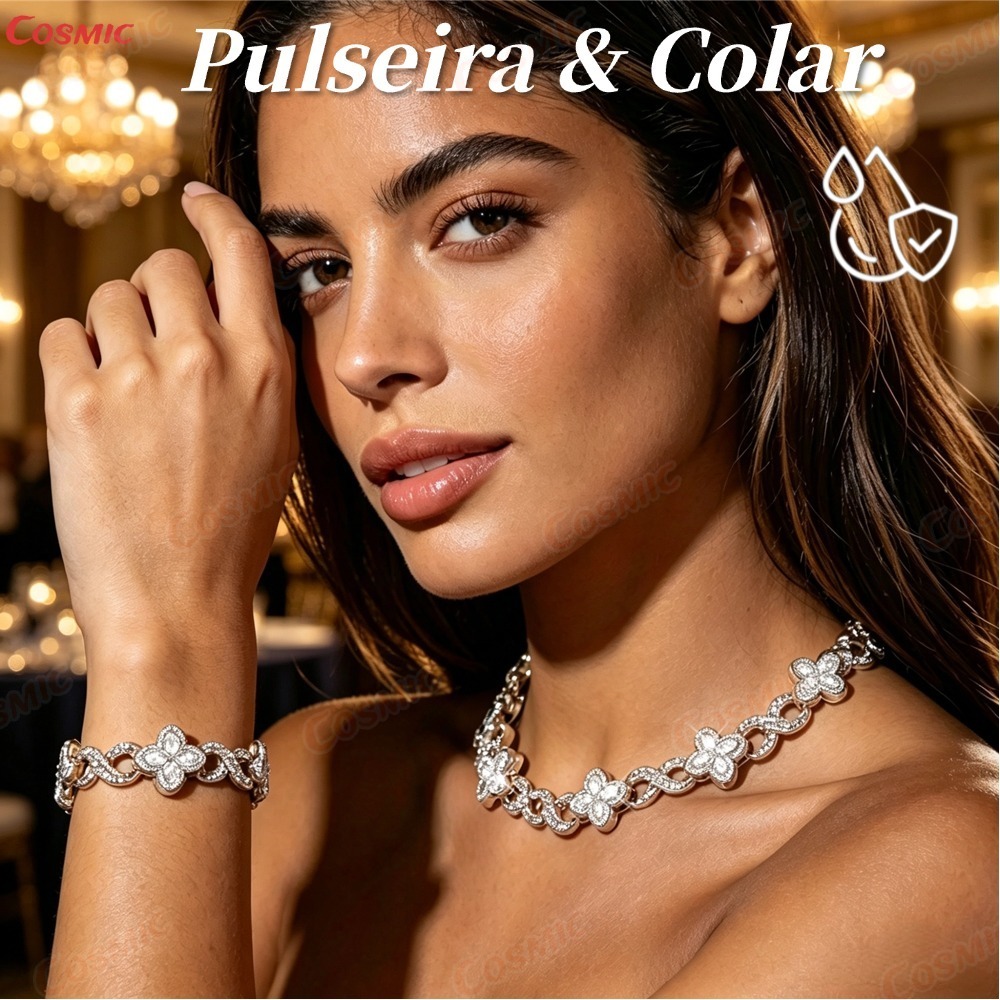 Conjunto Corrente Cubana Pingente de Trevo de 4 Folhas Cravejado e Pulseira Unissex Cravejada com Diamantes Prateado