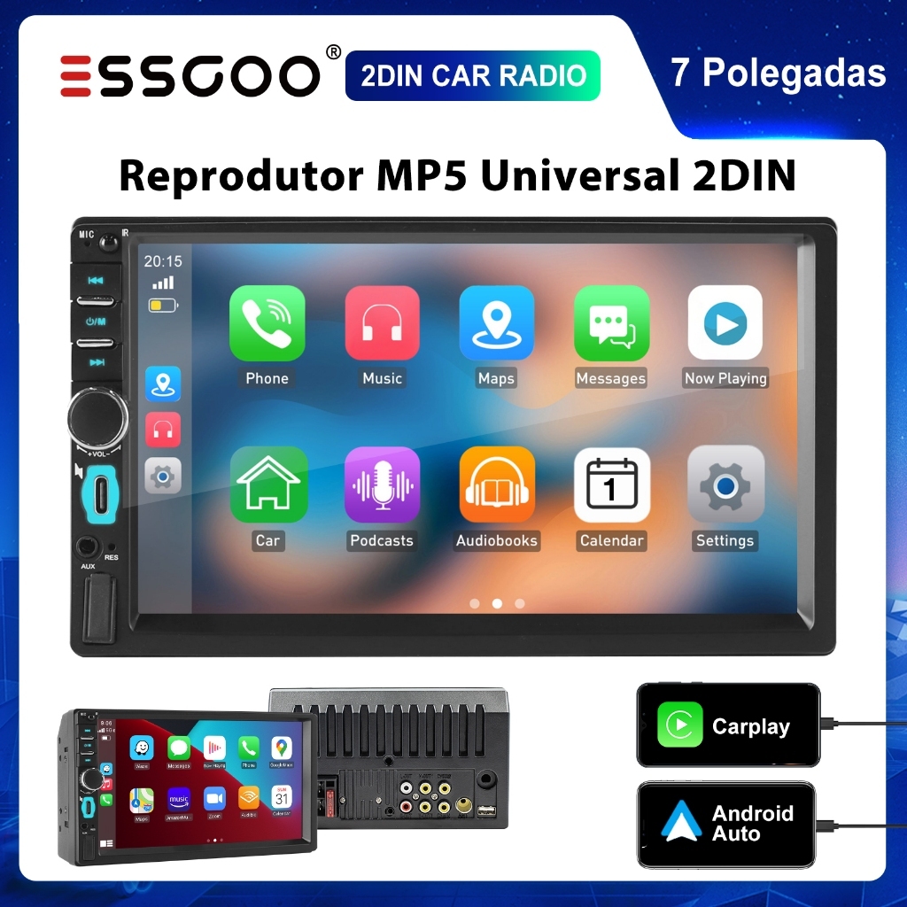 ESSGOO 2Din Universal 7 Polegadas Car MP5 Player Rádio Suporte Com Fio CarPlay/Android Auto BT USB TF FM AUX