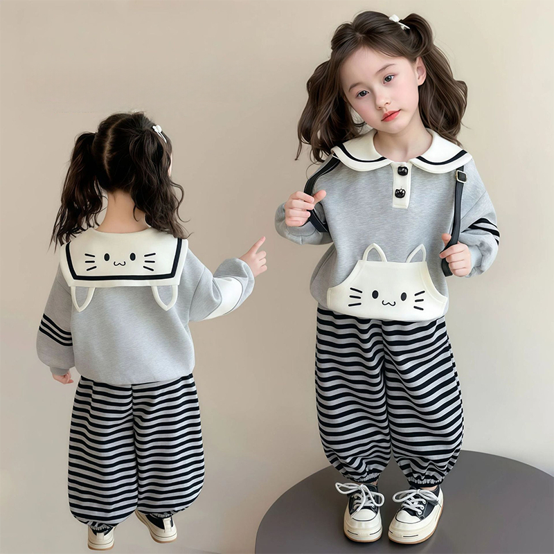 Primavera Outono Meninas Moda Gato Dos Desenhos Animados Conjunto De 2 Peças Gola Marinha Moletom + Calças Listradas 0-8