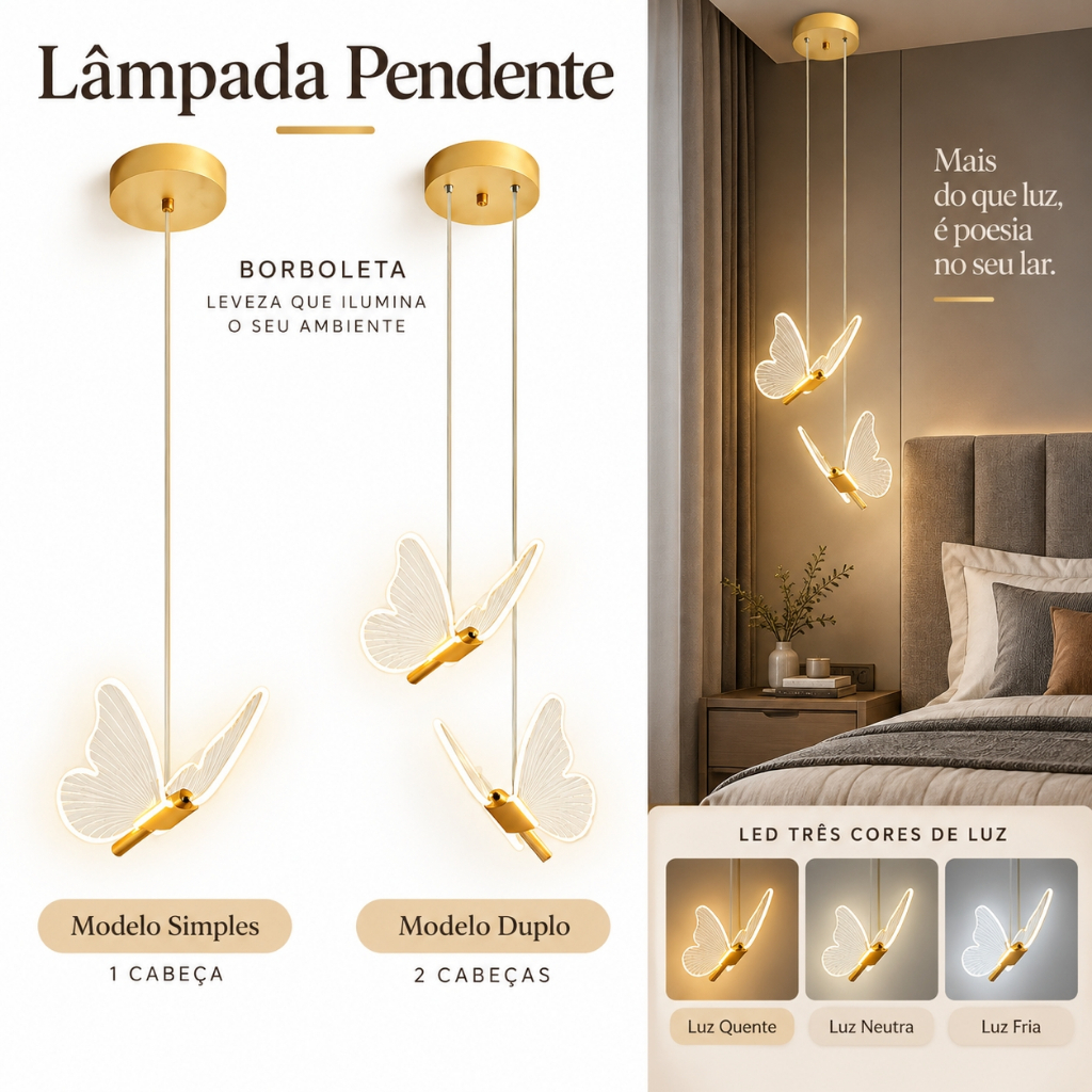 Pendente Dourado Borboleta De Luz LED de 3 cores em 1 luminária de teto do quarto Bivolt (Modelo Único ou Duplo)