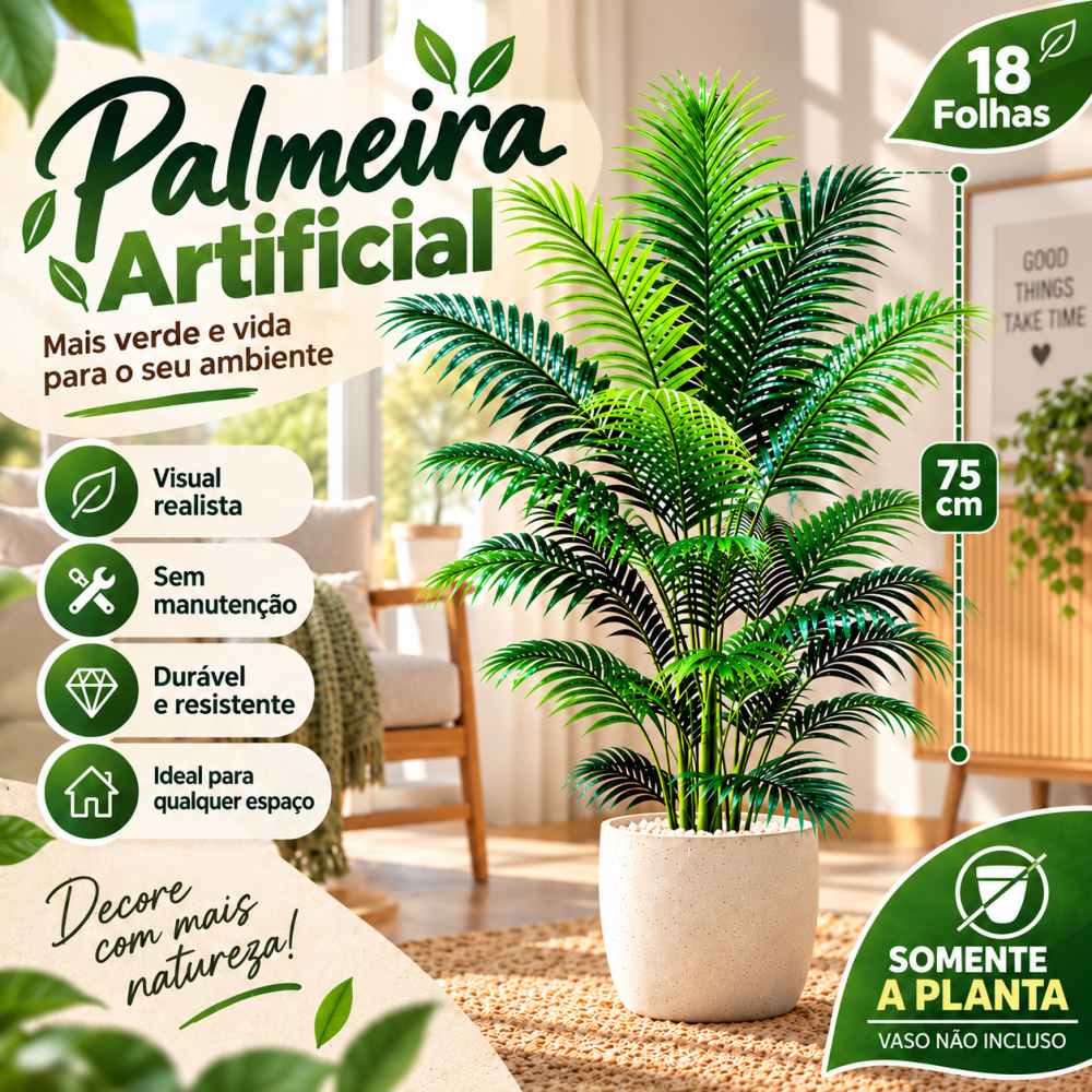 Palmeira Artificial 75 cm com 18 Folhas Planta Decorativa para Sala Quarto Escritório