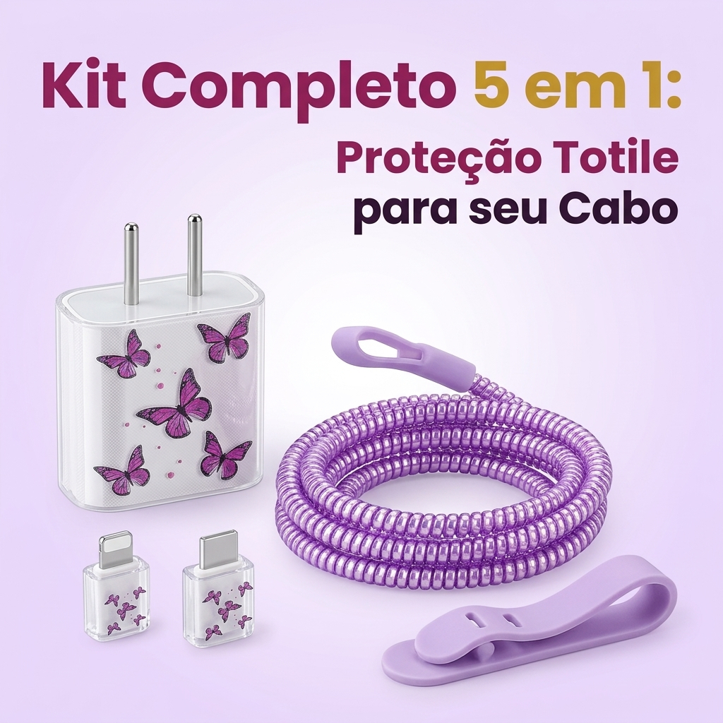 Kit Protetor de Cabo iPhone 18W/20W, Capa TPU 5 em 1 Anti Quebra, Espiral e Organizador
