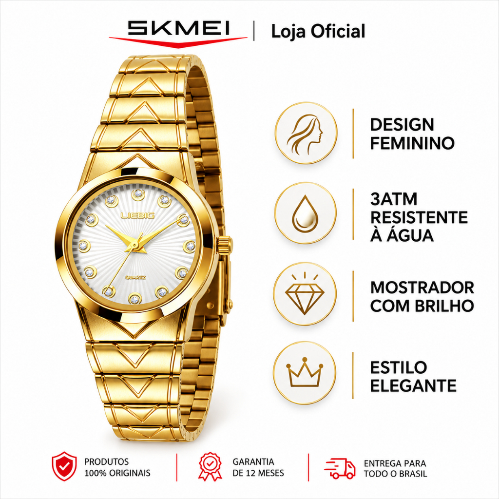 SKMEI L1086 Relógio Feminino Quartzo Elegante com Pulseira de Aço Inoxidável 3ATM Resistente à Água