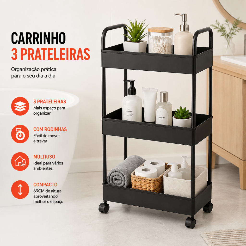 Carrinho Organizador Multiuso 3 Prateleiras com Rodinhas Cozinha Banheiro Lavanderia Preto