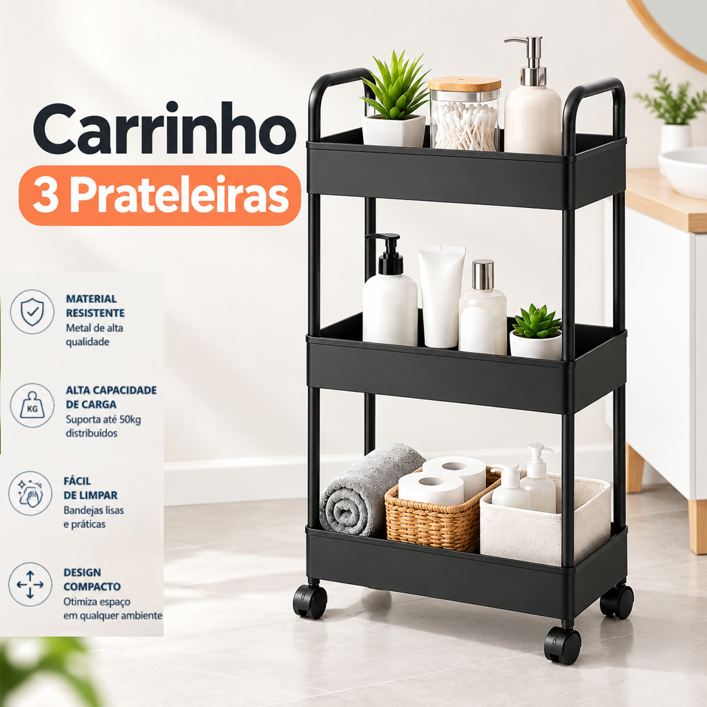 Carrinho Organizador Multiuso 3 Prateleiras com Rodinhas Cozinha Banheiro Lavanderia Preto