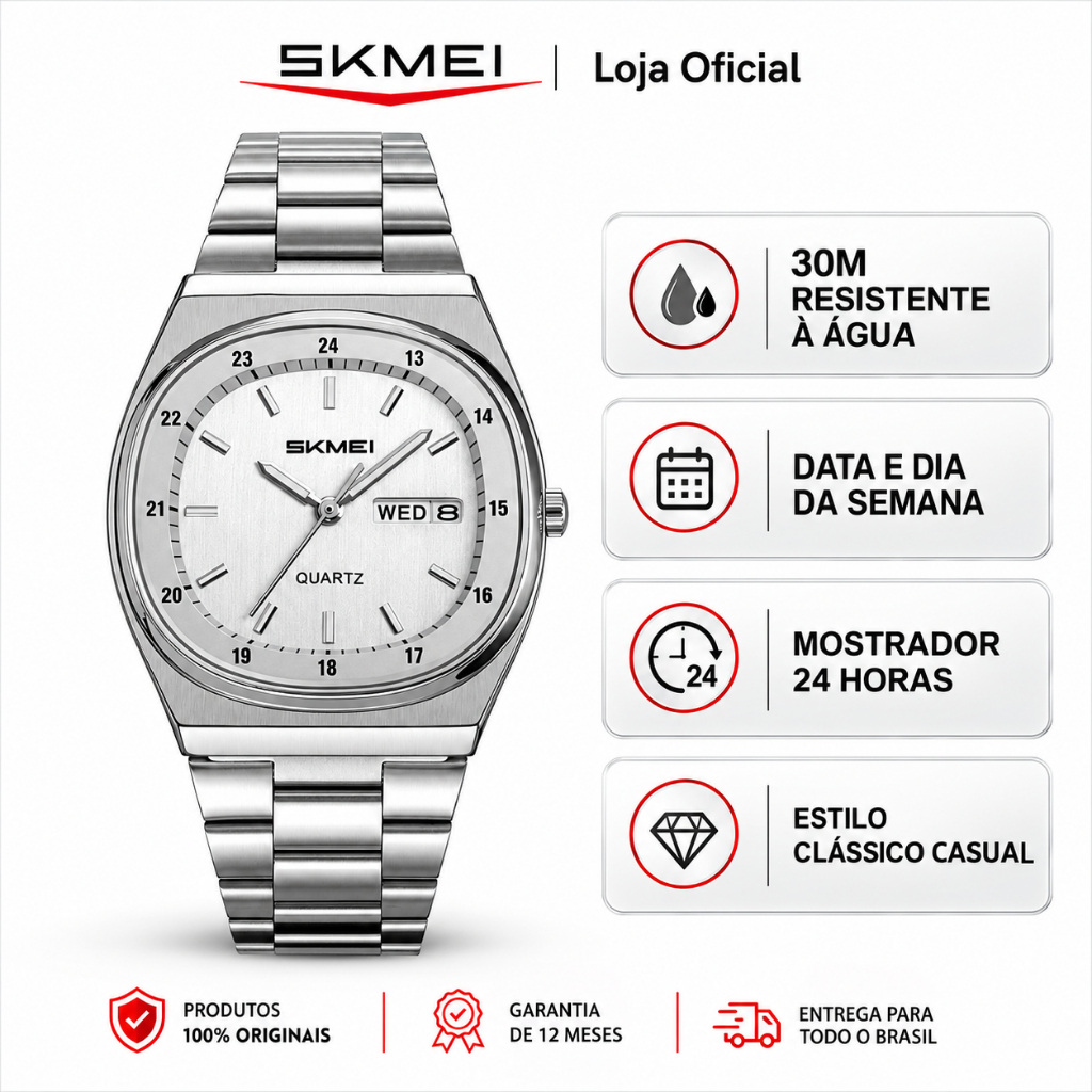 SKMEI 2630 Relógio Masculino Analógico de Quartzo Pulseira de Aço com Data e Dia da Semana para Trabalho