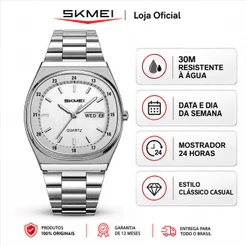 SKMEI 2630 Relógio Masculino Analógico de Quartzo Pulseira de Aço com Data e Dia da Semana para Trabalho