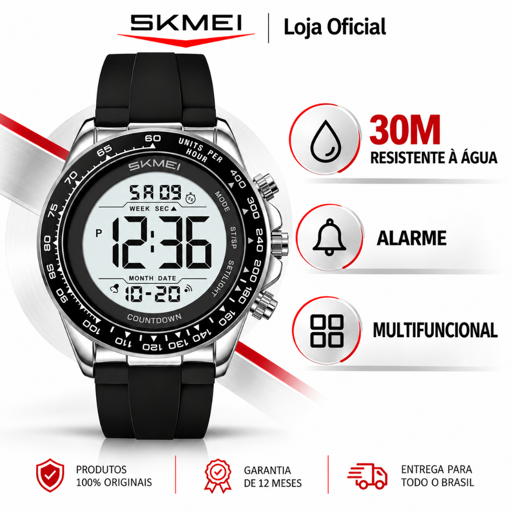 SKMEI 2592 Relógio Masculino Digital Esportivo com Cronômetro Alarme e Luz de Fundo Resistente