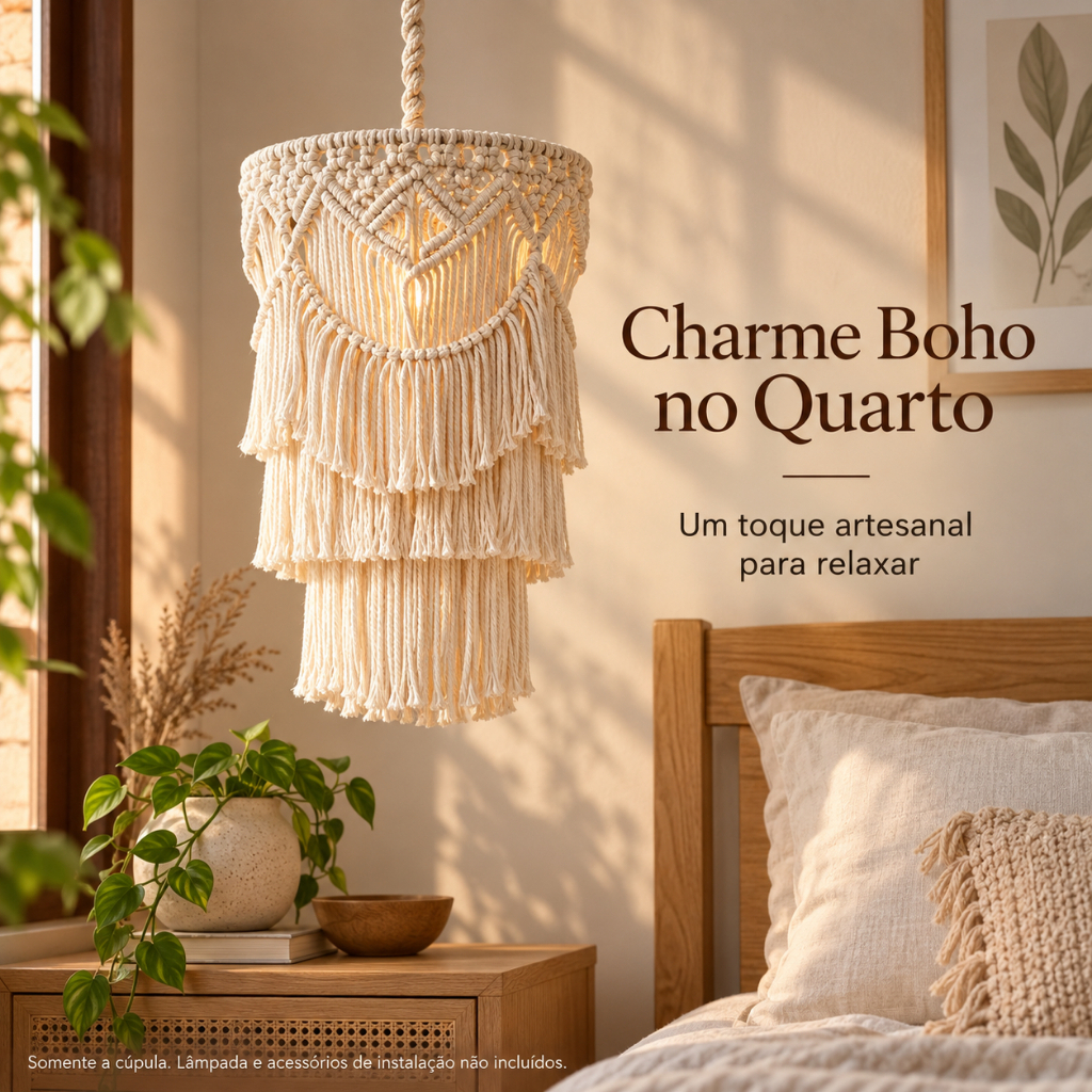Abajur Boho Macrame com Borla, Tecido Algodão em Camadas, Capa de Luz Franja Artesanal, Suspensão Decoração Casa