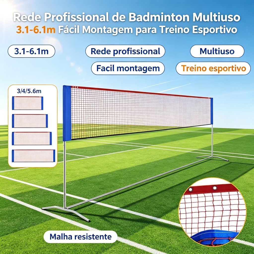 Resistente Rede de Badminton Profissional Padrão Multitamanho 3.1‑6.1m Fácil Montagem Malha Reforçada Para Treinamento