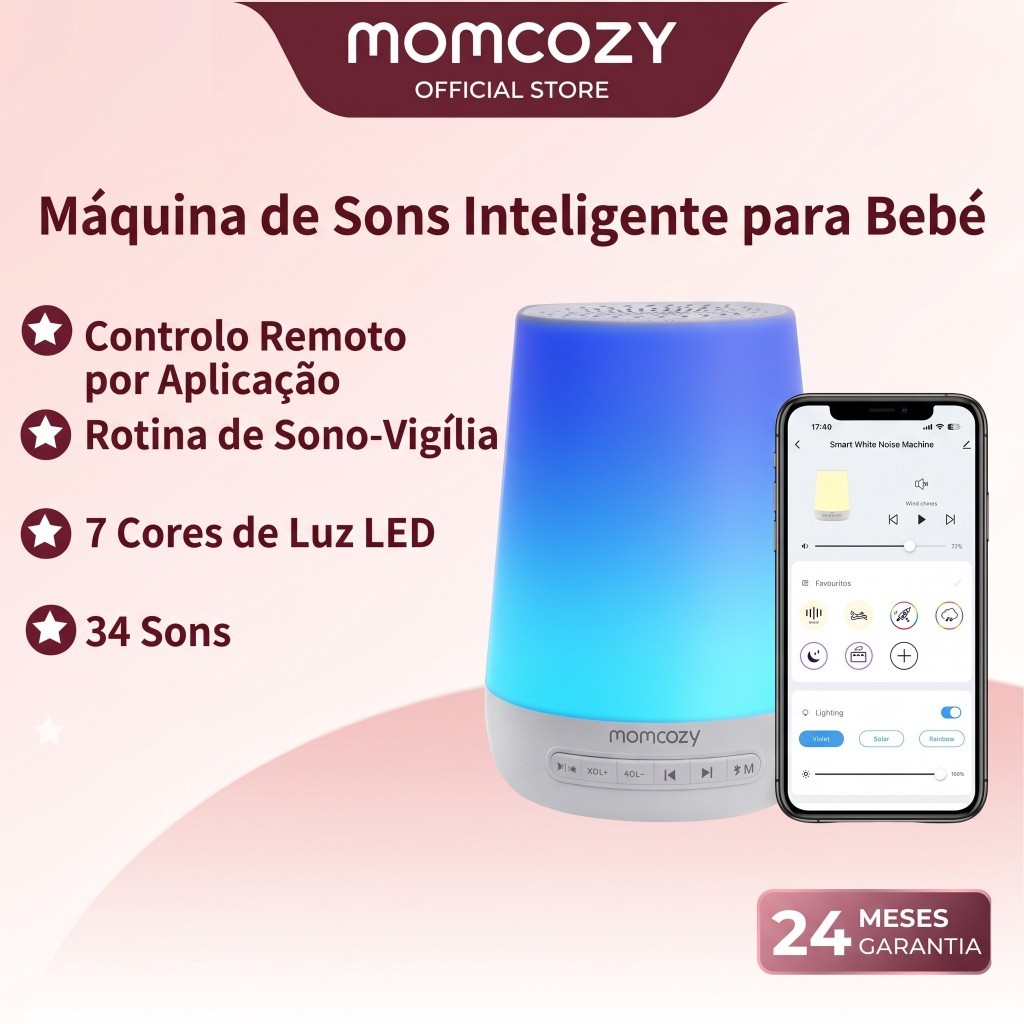 Máquina De Ruído Branco Momcozy Para Bebês Dormindo Com Luz Noturna Treinador De Dormir Crianças 34 Sons Calmantes App