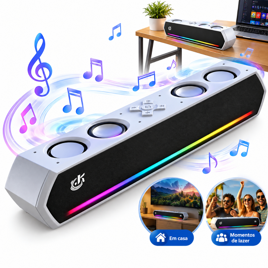Caixa de Som Bluetooth 30W Portátil, 4 Alto-falantes, Som Estéreo Potente para TV, PC e Notebook, Conexão Sem Fio