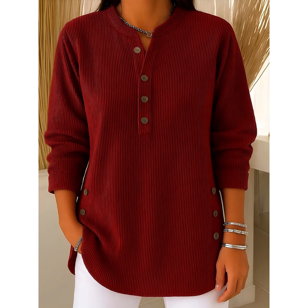 Camisa Feminina Solta Com Decote Em V Botões E Manga Comprida Blusa De Veludo