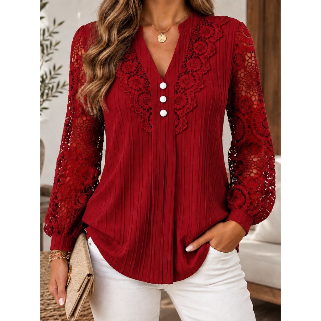 Blusa Feminina Elegante De Renda Com Decote Em V Camisas Plissadas De Manga Comprida