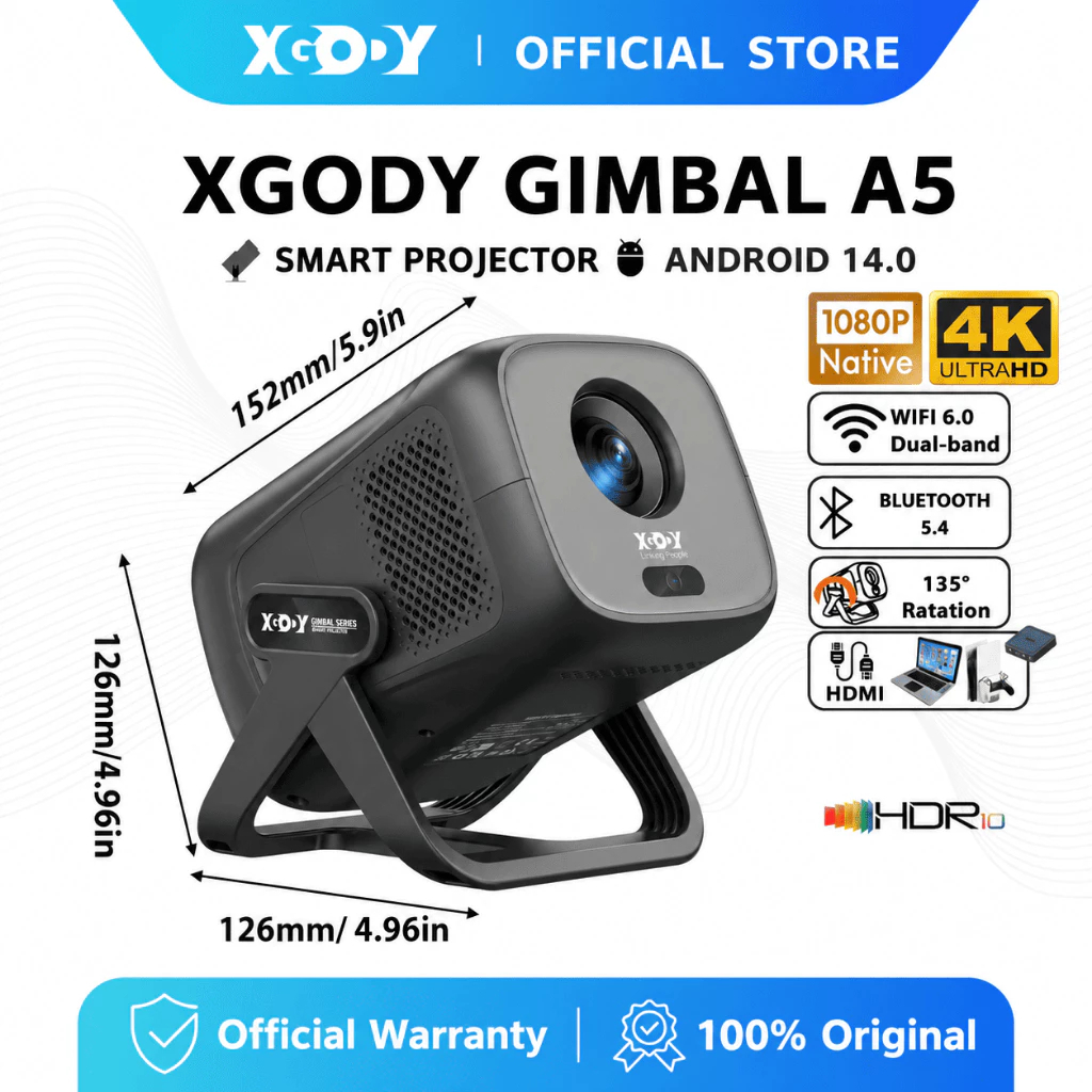 Projetor De Home Theater XGODY Gimbal A5 450ANSI 4K HD Nativo 1080P Android 14 Dual Band…