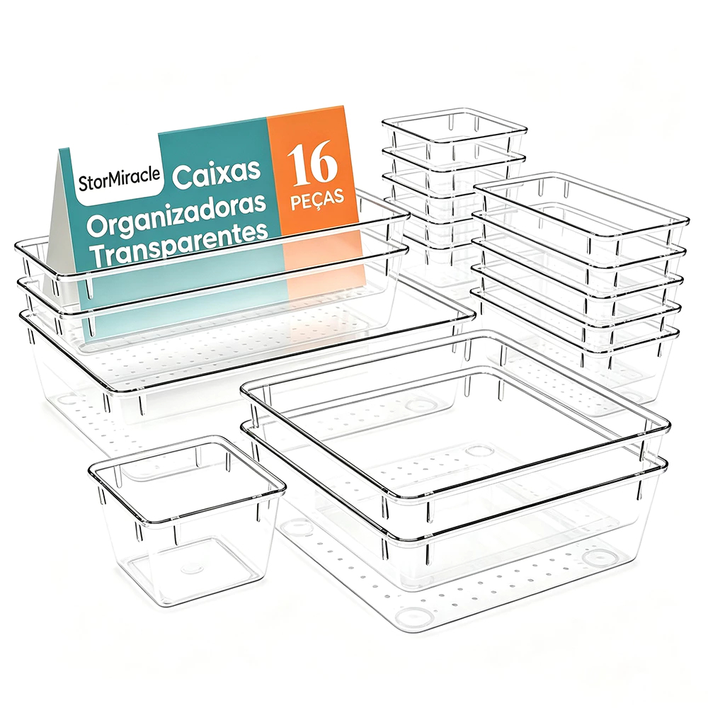 16 Kit Organizador Acrílico Gaveta Geladeira Porta Maquiagem Multiuso Tranparente Resistente，Adequado para mesa,