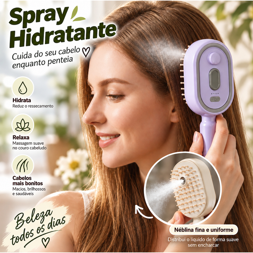 Escova Elétrica 3 em 1 com Spray, Massageador de Couro Cabeludo e Desembaraçante Anti-Frizz USB-C
