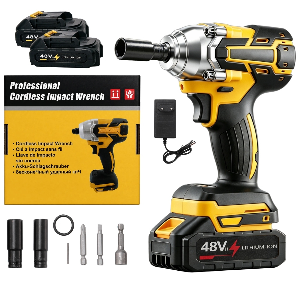 Chave De Impacto Sem Escova 48V Pistola Fio Profissional Portátil De Alto Torque Com 2 ou 1 Baterias, Caixa Colorida