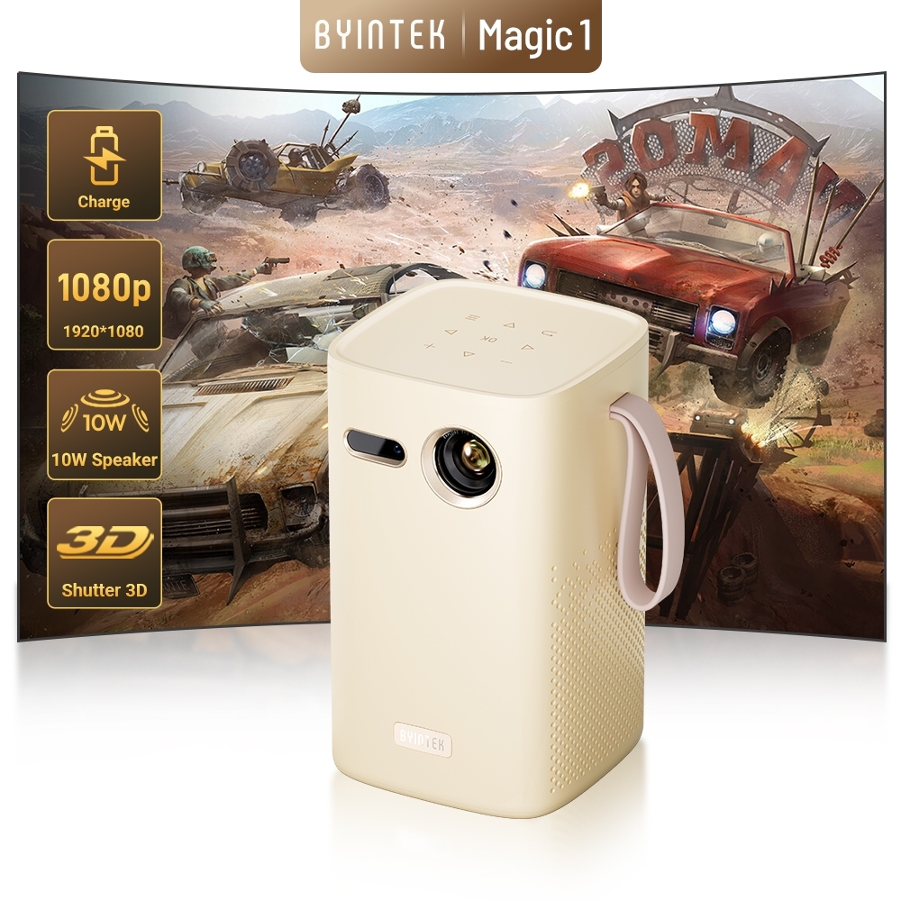 BYINTEK Magic 1 Projetor Portátil DLP Full HD 1080P 4K Android Wi-Fi 5G Bateria 15000mAh para Casa Viagens e Camping