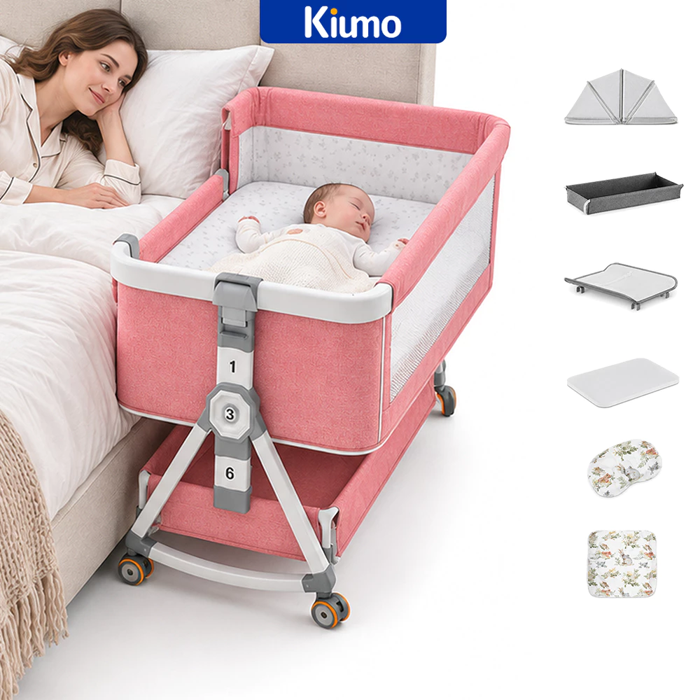 Kiumo Berço Co Bed Moises Portátil Bebê Rosa Multifuncional com Mosquiteiro Trocador Balanço e Altura Ajustável 7 em 1