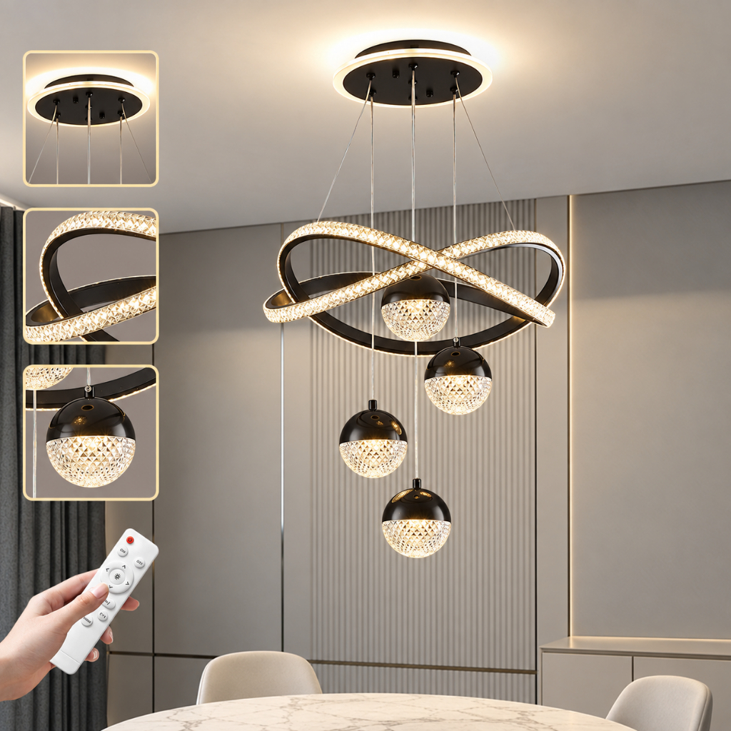 3 Cores Lustre LED Pendente Dourado Cristal com Controle Remoto para Sala de Jantar Quarto Cozinha