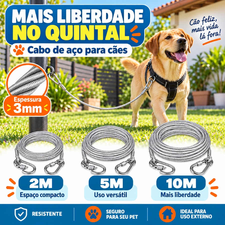 Cabo De Aço Para Amarração E Guia Passeio Para Cães 2/5/10 Metros 3MM Reforçado Cor Cristal