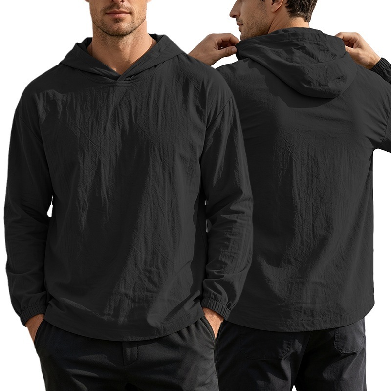 Camiseta Masculina Leve Com Capuz De Manga Comprida , Pulôver Casual De Cor Sólida