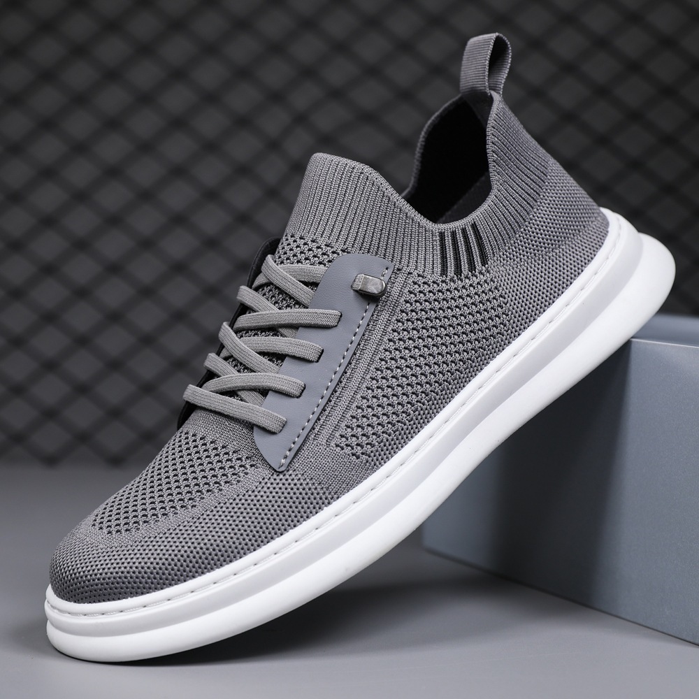 Tênis masculino cinza voando tecido malha respirável deslizamento-On moda antiderrapante sola macia sapatos casuais