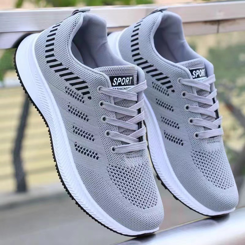 Tênis masculino cinza voando tecido malha respirável deslizamento-On moda antiderrapante sola macia sapatos casuais