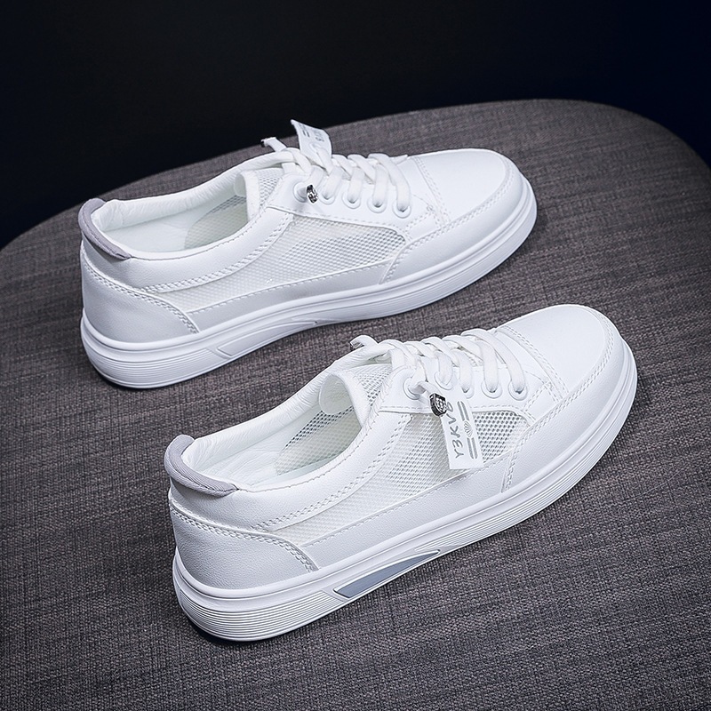 Sapatos casuais respiráveis de malha feminina cinza branca