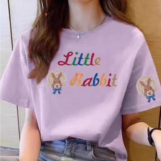Camiseta feminina roxa de manga curta de algodão puro com gola redonda estampada