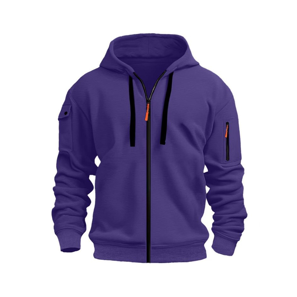 Moletom masculino roxo poliéster com capuz e zíper cardigã com vários bolsos Casual Swe