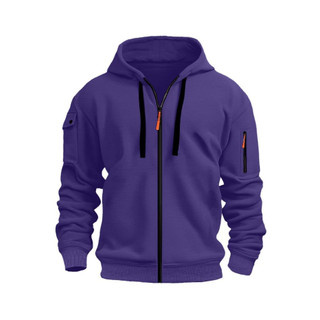 Moletom masculino roxo poliéster com capuz e zíper cardigã com vários bolsos Casual Swe